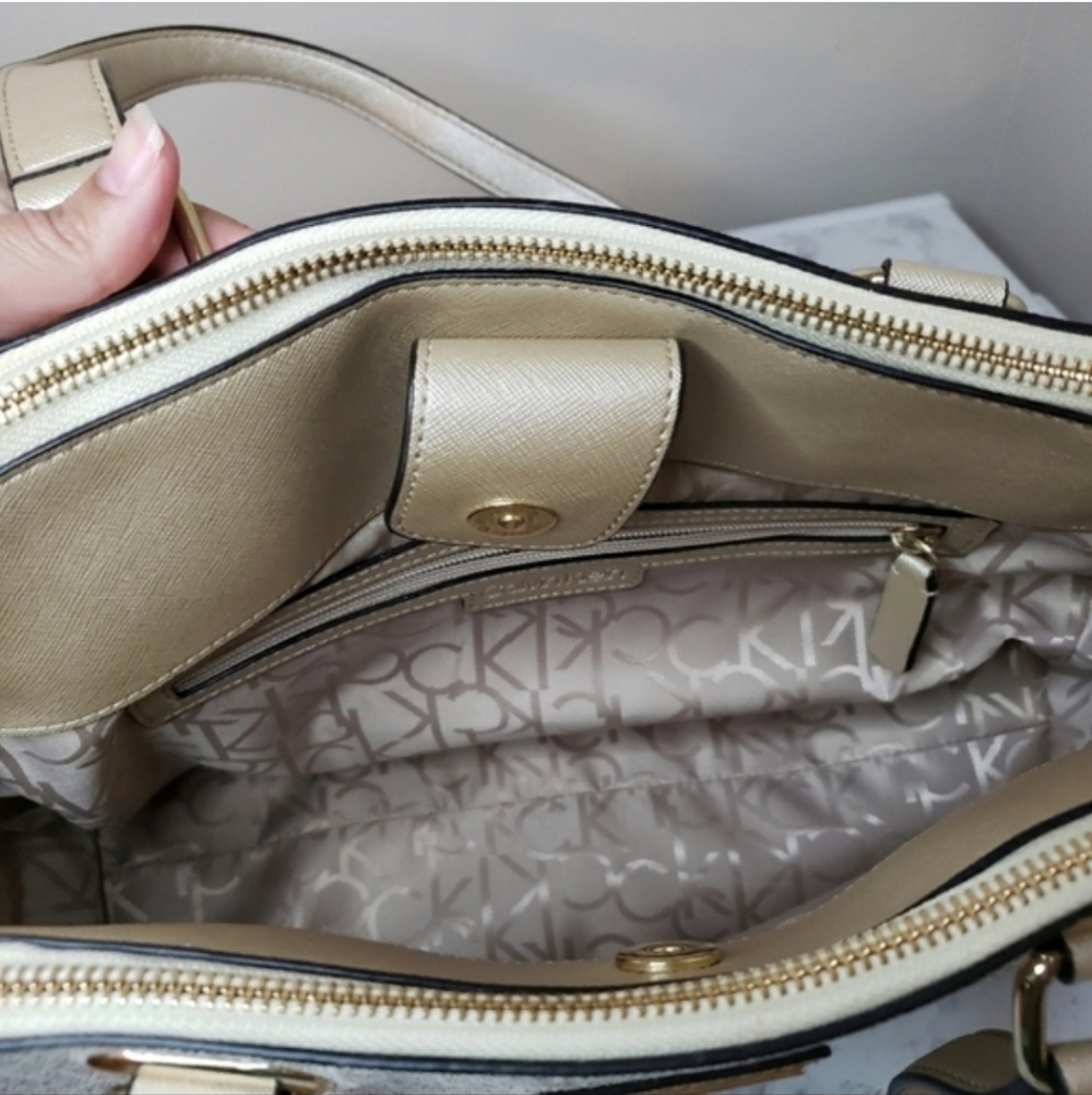Calvin Klein Large Almond Monogram Satchel - Like New | Metallic Gold & Cream - Picture 10 of 16